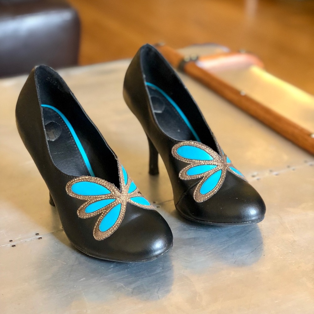 T.U.K. Black Heels Teal & Gold Butterfly Detail